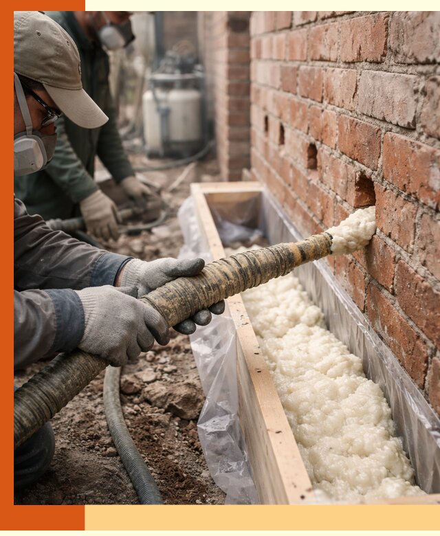 Заливка ППУ в пустоты кирпичной стены в Краснотурьинске