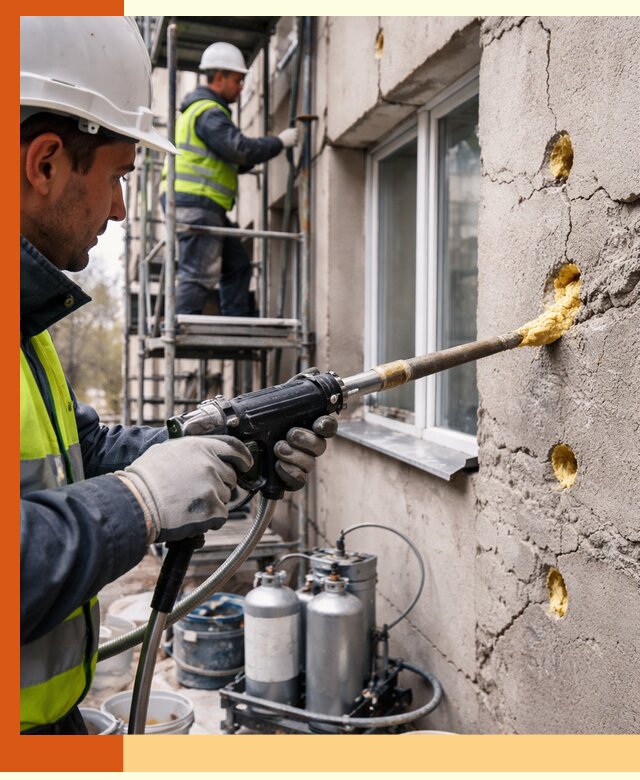 Заполнение пустот в фасаде и утепление стен в Краснотурьинске